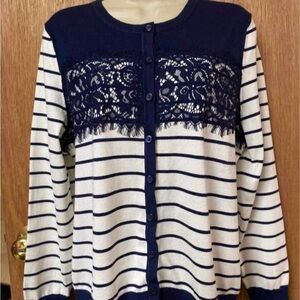 Charter Club Navy and White Striped Cardigan with Lace